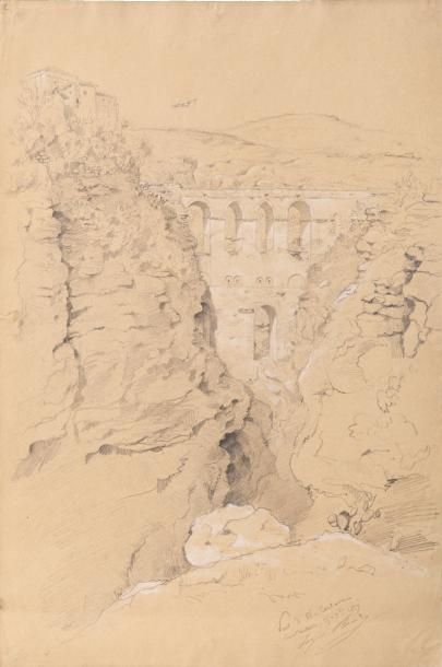 Eugène FLANDIN (Naples 1809-1889) Peintre orientaliste français.
Pont d'El-Kantara....