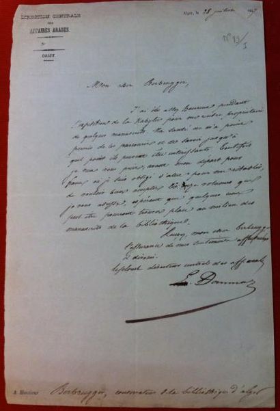 Général Eugène DAUMAS (1803-1871) 
Lettre autographe signée adressée d'Alger, le...