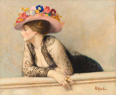 Gustave POETZSCH (1870-1950) Elégante au chapeau à fleurs
Huile sur toile, signée...