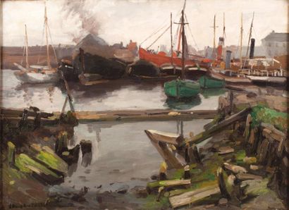 gaston Haustrate (1878-1949) Bateaux au port
Huile sur toile, signée en bas à gauche...