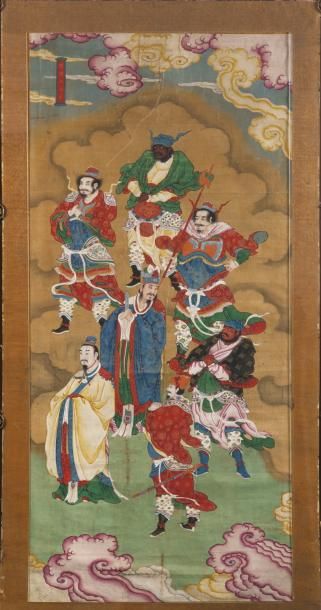 Chine, début XVIIIe siècle 
Ensemble de quatre grandes peintures à l'encre et couleurs...