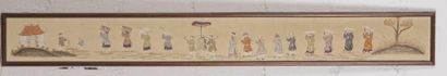 INDOCHINE, vers 1900 
Ensemble de 12 panneaux en lins brodés représentant des processions...