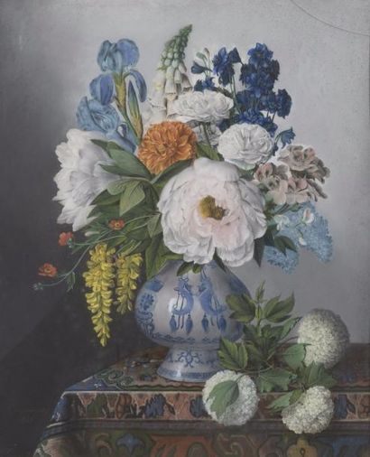 Albert JACQUEMART (1808-1876) 
Vase de fleurs sur un tapis d'Orient
Pastel signé...
