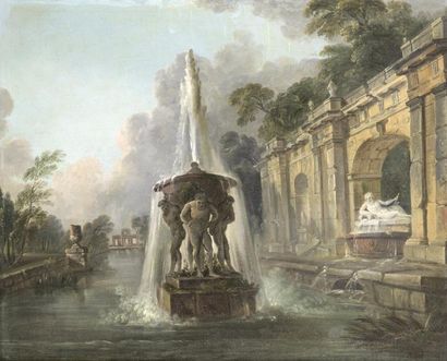 Jean-Baptiste LALLEMAND (1716- c.1803) 
Paysage avec bassin, fontaine et architecture
Huile...