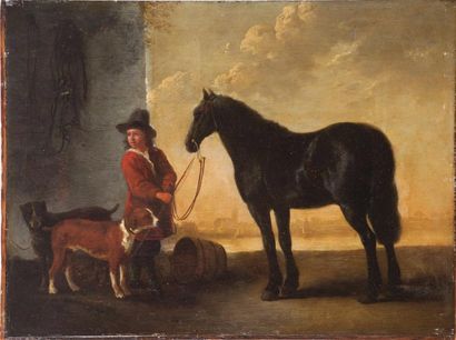 Attribué à Abraham van CALRAET (1642- 1721) 
Lad et son cheval
Panneau de chêne,...