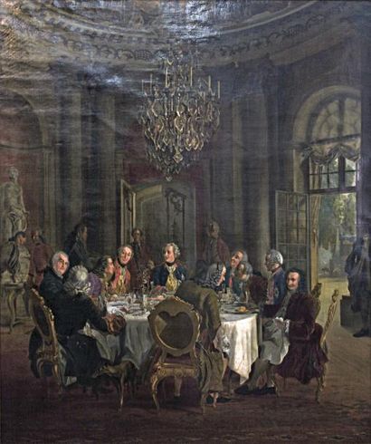 Ecole allemande XIXème siècle 
Déjeuner de Frédéric II et Voltaire
Huile sur toile...