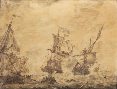 Cornelis Pieterse MOOIJ (vers 1635-45/1693) 
Combat de navires hollandais
Encre et...