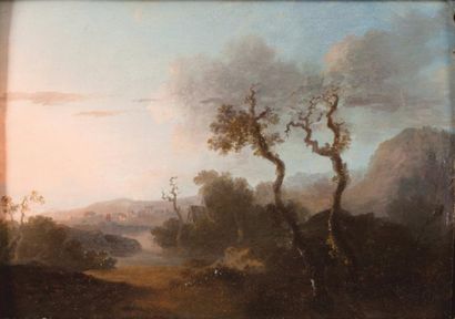 Attribué à Jean Baptiste 
Paysage de rivière avec effet de soleil
Paire de panneaux...