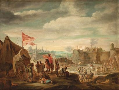 Robert van den HOECKE (Anvers 1622 - 1668) 
Trompette dans un campement militaire
Panneau...