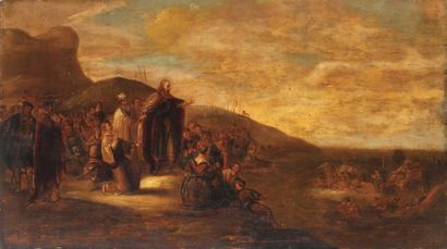 ATTRIBUÉ À JACOB DE WET (1610 - 1671) 
Le passage de Mer Rouge
Panneau de chêne,...