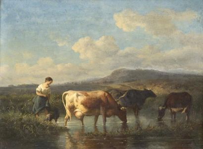Louis Robbe (1806-1887) 
Paysage animé, vaches à la rivière
Huile sur panneau, signée...