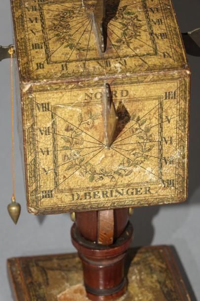 null Cadran solaire cubique en bois et papier gravé par David BERINGER (1756-1821),...