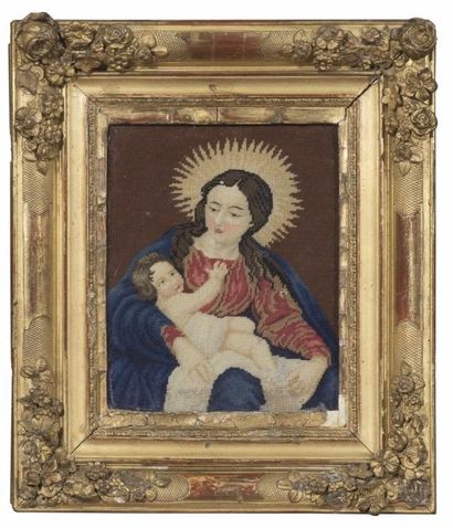 null Broderie polychrome représentant la Vierge à l'Enfant
XIXème siècle (un peu...