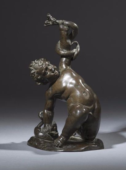 D'après Francesco FANELLI (1577-1663) 
Hercule étouffant les serpents
Bronze à patine...