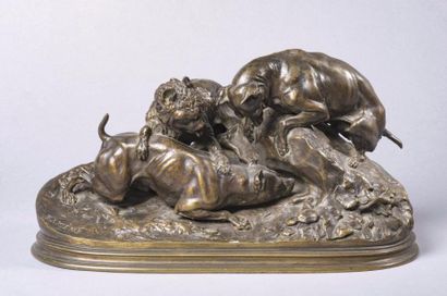 Pierre Jules MENE (1810-1879) 
Trois chiens au terrier
Epreuve en bronze à patine...