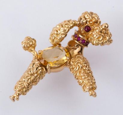 null Broche «Caniche» en or jaune ornée d'une citrine et de rubis. P. 20,4 g