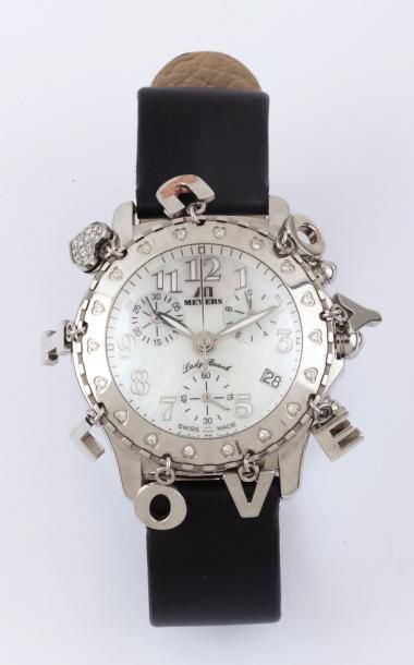 MEYERS Montre bracelet chronographe en acier, cadran nacre à trois compteurs, la...