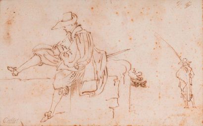 null Ecole Française du XVIIème siècle Soldat assis sur un muret et croquis d'un...