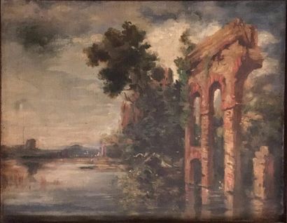 null École italienne 19eme Colonnade en ruine près d'un lac Huile sur toile 