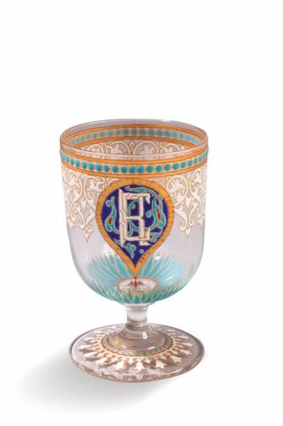 Philippe-Joseph BROCARD (1831-1896) 
Verre à pied, France, daté 1874
Verre transparent...