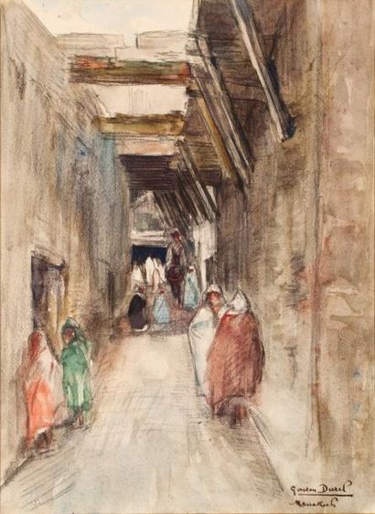 Gaston DUREL (1879-1954) 
Ruelle à Marrakech
Aquarelle et fusain, signée et située...