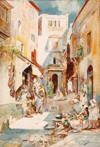 Joachim MIRO (1875-1941) 
Petites échoppes à Tanger
Aquarelle gouachée sur papier...