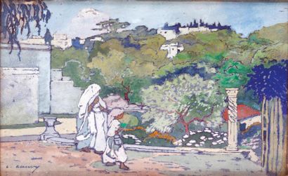 Léon CAUVY (1874-1933) 
Sur la terrasse, Alger
Gouache sur papier, signée en bas...