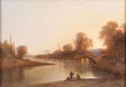 François René BARRY (1813-1905) 
Crépuscule aux bords du Nil
Huile sur toile, signée...