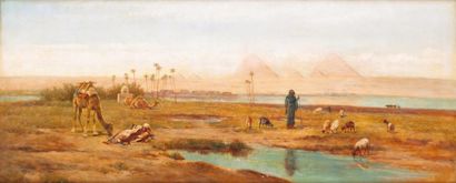 Frederick GOODALL (1822-1904) 
Le troupeau au pied des pyramides, 1884
Huile sur...