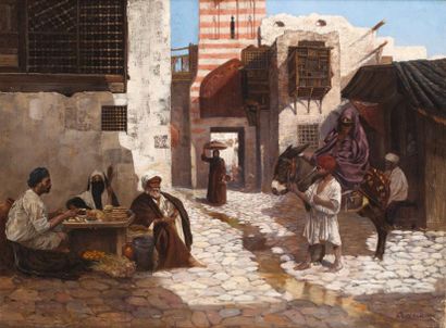 Alphonse-Adolphe MIELICH (1863-1929) 
Le marchand de pain au Caire
Huile sur toile,...