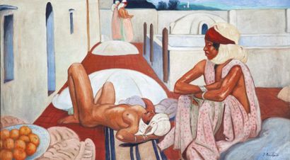 JEAN BOUCHAUD (1891-1977) 
Détente sur les terrasses, Alger
Huile sur toile, signée...