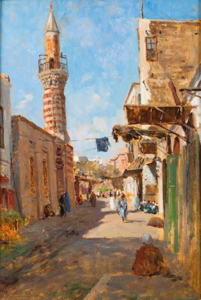 Augusto LOVATTI (1852-1921) 
Minaret dans une rue du Caire
Huile sur panneau, signée...