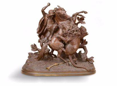 Louis SAUVAGEAU (1822-c.1874) (D'après) 
Lion attaquant un cavalier
Epreuve en bronze...