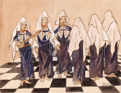 MIROUY (XXème siècle) 
Femmes orientales Ensemble de quatre dessins à l'aquarelle,...
