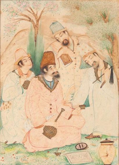 null Quatre hommes dans un paysage arboré, Iran, signé Khatami, vers 1920
Gouache...