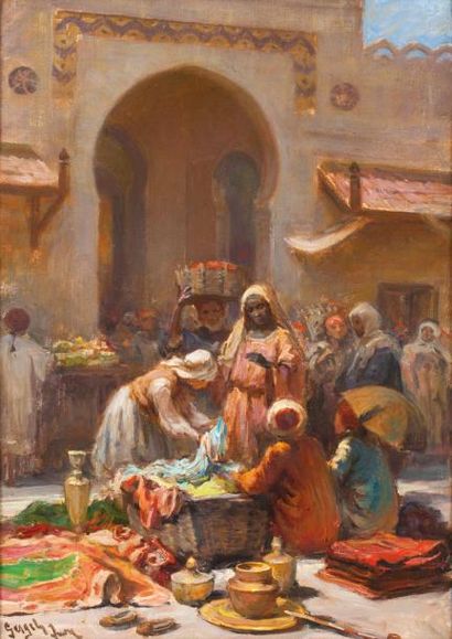 Imre GERGELY (1868-1914) 
Marché devant la vieille porte, Tunisie
Huile sur toile,...