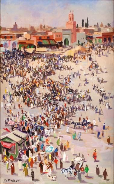 Marcel BUSSON (1913-2015) 
Vue animée de la place Jemaa el-Fna
Huile sur toile, signée...