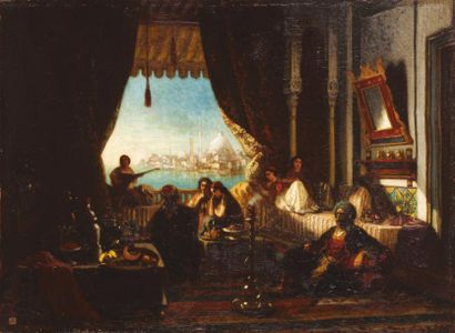 Louis TESSON (1820 - 1870) 
Le harem sur le Bosphore
Huile sur toile.
48 x 66 cm
Etiquette...