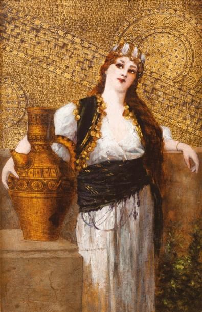 PITRONI (XIX°- XXème siècle) 
Belle mauresque à l'amphore
Huile et feuilles d'or...