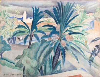 Gerda WEGENER PORTA (1885-1940) 
La palmeraie de Marrakech
Aquarelle, signée en bas...