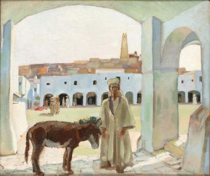 Marc-Raymond DELAMORINIERE (1904-?) 
Sous les arcades de Ghardaïa
Huile sur carton,...