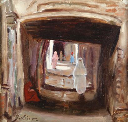 Gustave LINO (1893-1961) 
Femmes voilées dans la Kasbah, Alger
Huile sur panneau,...