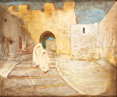 GRACE RAVLIN (1873-1956) 
Marocaines sur les remparts de Tanger
Huile sur toile,...