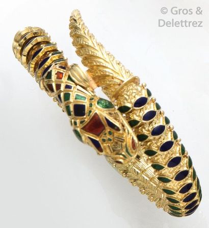 null Bracelet «Serpent» en or jaune articulé et émaillé polychrome vert, bleu et...