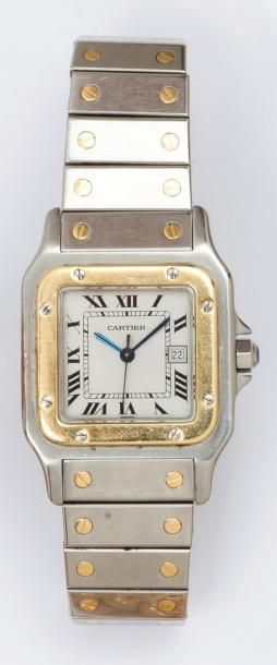 null CARTIER «Santos» - Bracelet-montre en or et acier, cadran émaillé à chiffres...