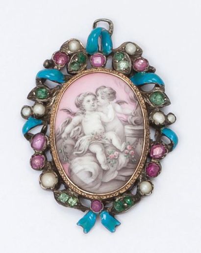 null Parure en argent et vermeil émaillés bleu ornée de médaillons émaillés à décor...