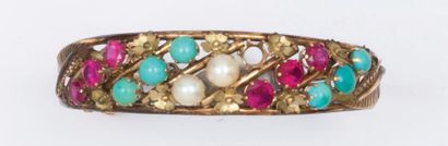 null Bracelet jonc en or jaune orné de perles de culture, turquoises cabochon et...