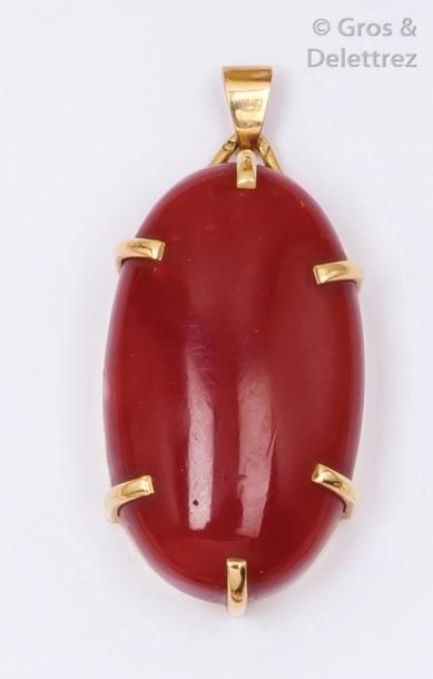 null Pendentif en or jaune orné d'un cabochon de corail rouge.
P. Brut: 21,5g.