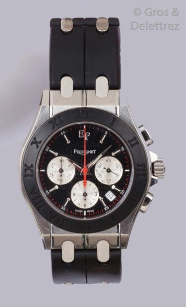 PEQUIGNET Bracelet-montre chronographe en acier. Cadran noir, index appliqués, trois...