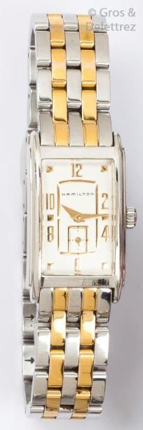 HAMILTON Bracelet-montre de dame en acier et acier doré, boîtier rectangulaire, cadran...